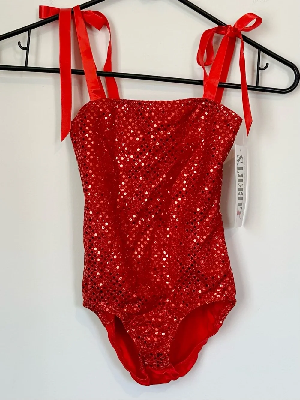 NWT Liberts Kids Red Sequin Dance Leotard with Ribbon Tie Shoulder Straps